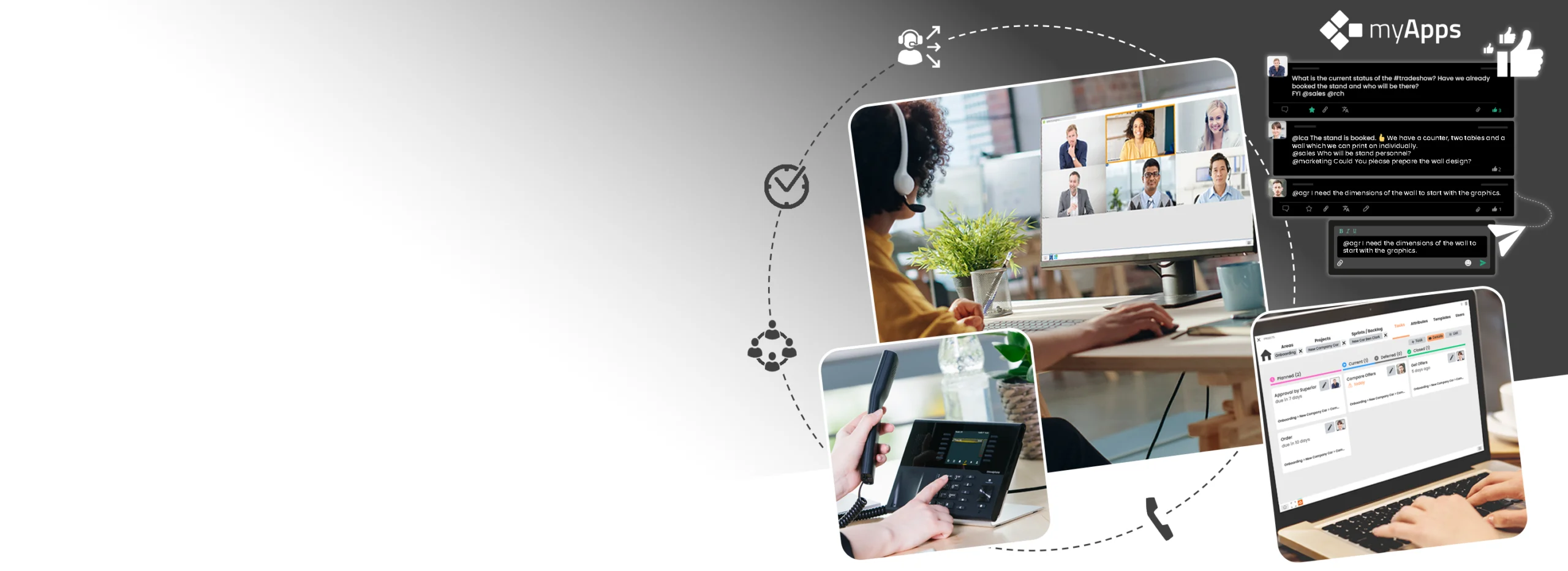 Funktionsübersicht von innovaphone mit Telefonie, Videokonferenzen, Zusammenarbeit und myApps